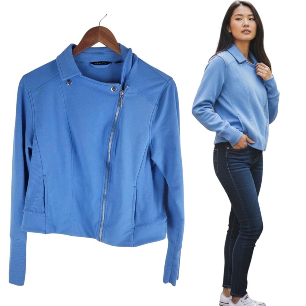 H By Halston Moto Jacket Zip Up Buttons Blue Long Sleeve Size 12